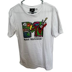 H&M MTV T‎ Shirt Womens XS Tee Music Television Regular Fit White Guitar Retro